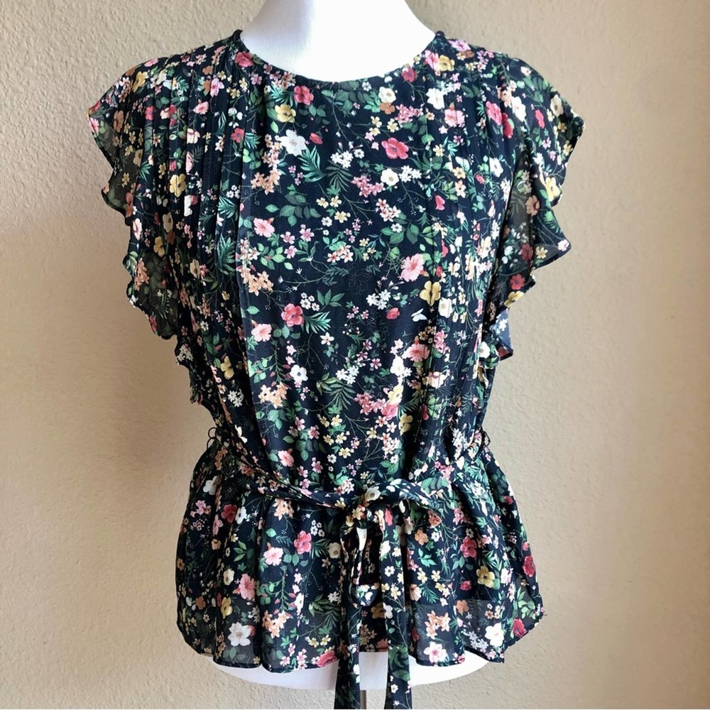 Farm Rio for Anthropologie sleeveless black and floral blouse sz S